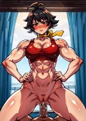 1boy 1girls abs ahoge ai_generated biceps black_hair blush brown_eyes capcom cleavage cum cum_in_pussy cum_in_pussy cum_inside domination femdom hands_on_hips indoors inside looking_at_viewer makoto_(street_fighter) muscle_girl muscular muscular_female penis penis_in_pussy pov pubic_hair pussy ribbon ribbon_choker sex sports_bra stable_diffusion street_fighter street_fighter_iii street_fighter_iv sweatdrop tampopo thighs toned toned_female yellow_ribbon