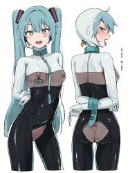 alterkyon aqua_hair ass_visible_through_clothes bodysuit bondage bound bound_wrists breasts_visible_through_clothing collar cosplay female hatsune_miku headset highres hood key kigurumi latex latex_bodysuit leash lock name_tag nipple_piercing nipple_rings nipple_tag nipples_visible_through_clothing piercing pokies pussy_visible_through_clothes restrained revealing_clothes see-through shiny_clothes tight_clothing twintails vibrator_cord vocaloid