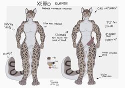 animal_genitalia anthro erection felid fur fur_markings gamal genitals hi_res male mammal markings model_sheet muscular muscular_anthro muscular_male nude pantherine penile_spines penis sheath snow_leopard solo spots tan_body text white_body white_fur xerro_kurmile_(gamal)