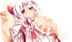 blush bow breasts breasts_out bukkake cum cum_on_breasts cum_on_clothes cum_on_hair dragonmaterial facial female fujiwara_no_mokou hair_ribbon hairbow highres large_breasts long_hair nipples open_clothes open_shirt red_eyes ribbon silver_hair solo suspenders touhou white_hair