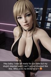 1girls 3d 3d_(artwork) ai_generated big_ass big_breasts blonde_female blonde_hair busty choker cleavage dress fishnet_legwear fishnets garter_belt garter_straps high_heels izzy(oc) long_hair radnsad selfie snapchat solo solo_female solo_focus story text thick_thighs