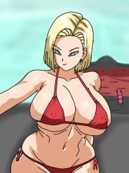 1girl 1girls android android18art android_18 android_girl bed bed_covers bedding_background bedroom bedroom_setting bedsheets belly_button big_breasts blue_eyes blue_eyes_female condom condom_wrapper condoms dragon_ball dragon_ball_super dragon_ball_z earring earrings eyelashes female female_focus female_only huge_boobs huge_breasts large_boobs large_breasts nipples nipples_visible_through_bikini red_bikini red_bikini_bottom red_bikini_only red_bikini_top red_bra red_panties selfie smile thick thick_ass thick_hips thick_thighs white_earring white_earrings wide_hips