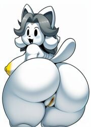 ai_generated ass ass_focus breasts female female_only furry furry_only looking_back open_mouth presenting presenting_hindquarters pussy tail temmie temmie_(undertale) undertale white_background white_fur yellow_areola yellow_pussy