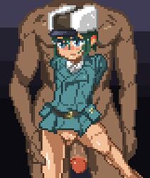 arms_behind_back blue_eyes bottomless clothed_female_nude_male dark_skin dress_shirt green_hair hat kino kino_no_tabi nannchatte penis pixel pixel_art pussy short_hair size_difference suit