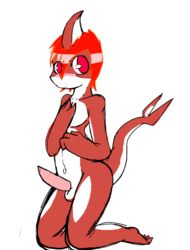 anthro_only balls blush erection fish hair male marine no_humans penis red_eyes red_hair scalie shark shy solo unfinished xxmysteryxx young