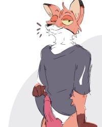 anthro canid canine clothed clothing clothing_lift foontanu fox genitals hi_res male mammal nude one_eye_closed penis red_fox shirt shirt_lift solo topwear true_fox wink