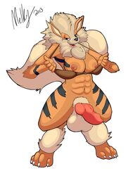 2013 anthro arcanine balls big_balls bottomless bra canine canine_penis dickgirl digitigrade flashing fur intersex knot melkiah nintendo nipples penis pokemon pokemon_(species) simple_background stripes underwear video_games