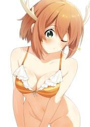 1girls 2d antlers bikini bikini_top boobs bottomless brown_hair curvy cute deer first_porn_of_character medium_breasts my_deer_friend_nokotan one_eye_closed orange_clothing shikanoko_noko shikanoko_nokonoko_koshitantan short_brown_hair short_hair tagme two_piece_swimsuit wink