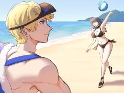 0701mono 1boy 1girls alternate_costume ball beach beach_ball bikini black_bikini black_swimsuit blonde_hair blue_eyes breasts byleth_(female)_(summer)_(fire_emblem) byleth_(fire_emblem) byleth_(fire_emblem)_(female) cape cleavage dimitri_alexandre_blaiddyd dimitri_alexandre_blaiddyd_(summer) female fire_emblem fire_emblem:_three_houses fire_emblem_heroes large_breasts male nintendo ocean official_alternate_costume outdoors short_hair sideboob smile swimsuit teal_hair