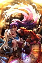 2girls alternate_costume angry arm_guards bandaged_chest black_gloves blood blood_on_clothes blood_on_face blue_scarf breasts chest_sarashi cleavage elbow_gloves fingerless_gloves fire fire_emblem fire_emblem:_path_of_radiance fire_emblem:_radiant_dawn fire_emblem_heroes furious gloves grey_hair hair_ribbon headband highres holding holding_scroll large_breasts long_scarf looking_at_viewer medium_breasts micaiah_(fire_emblem) micaiah_(ninja)_(fire_emblem) multiple_girls ninja official_alternate_costume official_alternate_hairstyle purple_hair red_headband ribbon sanaki_kirsch_altina sanaki_kirsch_altina_(ninja) sarashi scarf scroll siblings sideboob sisters straddling tellius_forever yellow_eyes