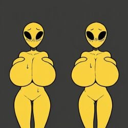 1:1 2girls ai_generated alien alien_girl alien_humanoid american_mythology bald big_breasts black_background black_eyes black_sclera blush blush_lines blushing_at_viewer breasts classic_alien cleavage completely_nude duo eyebrows featureless_breasts featureless_crotch female female_only folklore front_view hands_on_breasts hips huge_breasts humanoid ilya_efimov large_breasts mouthless mythology naked nervous no_mouth no_nipples no_pussy north_american_mythology nude nude_female nudity public_domain simple_background stable_diffusion standing sweat sweating thick thick_thighs thighs top_heavy urban_legend wide_hips yellow_body yellow_skin