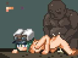 blue_eyes cum cum_inside dark_skin ejaculation fat_man from_behind green_hair hat kino kino_no_tabi nannchatte nude on_all_fours pixel_art sex size_difference top-down_bottom-up