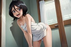 1girls ai_generated black_hair bleach drujdo female female_only kuchiki_rukia medium_hair short_hair small_breasts solo solo_female solo_focus towel