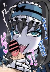 1boy autoscorer bar_censor black_hair blue_eyes blue_hair censored colored_inner_hair cum doll_joints ejaculation erection fellatio female frilled_hairband frills garie_tuman hairband highres joints licking licking_penis multicolored_hair oral pale_skin penis senki_zesshou_symphogear sharp_teeth short_hair smile solo_focus striped_clothes striped_hairband teeth two-tone_hair zasshu_nigou