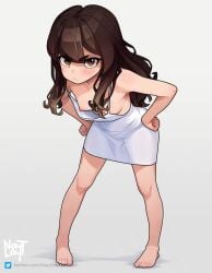 angry breasts brown_eyes brown_hair cute down_blouse dress iona_(naytlayt) naytlayt nipple_slip original small_breasts white_dress