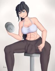 1futa abs big_breasts breasts bulge celeste_shimmer cleavage dickgirl eye_contact futa_only futanari intersex large_breasts muscles muscular muscular_futanari penis_under_clothes rulean solo solo_futa weightlifting weights