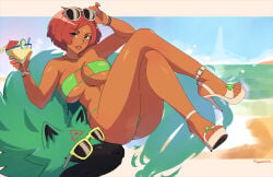 2girls alternate_costume bikini blue_eyes boobs breasts commentary cup dark-skinned_female dark_skin drinking_glass english_commentary eyepatch_bikini eyewear_on_head full_body giovanna_(guilty_gear) green_bikini guilty_gear guilty_gear_strive high_heels highres holding holding_cup large_breasts legs looking_at_viewer parted_lips platform_heels red_hair rei_(guilty_gear) sandals short_hair solo squeezable sunglasses swimsuit thick_thighs thighs tits toes white_sandals wolf
