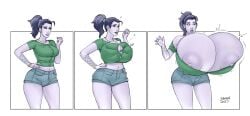 1girls areolae berggie big_breasts breast_expansion breasts breasts_bigger_than_head breasts_bigger_than_torso breasts_out bursting_breasts button_pop female gigantic_breasts hand_on_hip huge_breasts hyper hyper_breasts large_breasts massive_breasts nipples overwatch overwatch_2 shorts solo_female wide_hips widowmaker