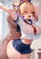 ai_generated big_ass big_breasts big_hips big_thighs blonde_hair genshin_impact huge_ass miniskirt school_uniform sex soujii straight thiccwithaq_(ai_style) thick_ass thick_hips yoimiya_(genshin_impact)