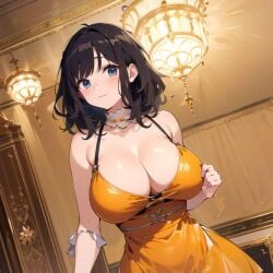 big_breasts blue_eyes brown_hair cleavage downblouse dress fancy_clothing jewelry short_hair