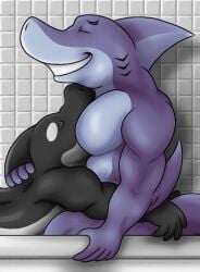 anthro bathroom bathroom_tiles bathroom_wall bathtub belly black_body blue_body boyfriends cetacean closed_eyes dolphin duo eyebrows face_on_breast fish hand_on_partner's_back happy holding_partner's_tail horny inside_bathtub lying_on_partner male male/male mammal marine multicolored_body muscular muscular_anthro muscular_male oceanic_dolphin pecs relaxing resting_on_partner rjquaty romantic romantic_couple shark shark_fin shark_tail side_view smile teeth_showing toothed_whale white_tiles white_wall