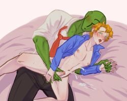 4chan anal anon anonymous_artist anonymous_male cum friday_night_funkin gay green_skin handholding handjob handjob_while_penetrating male_only nipples senpai_(friday_night_funkin) sex sweat yaoi