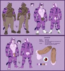 balls bulge clothing costume domestic_cat felid feline felis genitals hayate hi_res hunterramirez male male/male mammal model_sheet muscular nude pantherine penis smile solo tiger