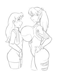 2girls alternate_breast_size ass asuka_langley_sohryu asymmetrical_docking big_breasts bodysuit breast_press breasts busty confident face-to-face from_side half-closed_eyes hands_on_hips highres huge_breasts jacket legs long_hair looking_at_another mature mature_female mature_woman misato_katsuragi monochrome multiple_girls neon_genesis_evangelion open_clothes open_jacket plugsuit pose posing rexcrash64 sensual sideboob sketch small_breasts smile thick_thighs thighs twintails