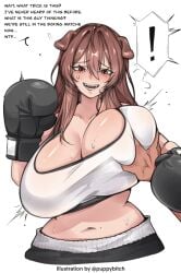 ! 1girls big_breasts black_boxing_gloves black_gloves blush blushing boxing boxing_gloves breasts breasts_bigger_than_head brown_hair brown_hair_female brunette brunette_hair clothed clothed_female dog_ears dog_girl doggirl female female_fighter female_focus gloves light-skinned_female light_skin long_hair male male_pov midriff pov puppybitch red_eyes sweat sweating sweaty sweaty_body tank_top visible_veins white_tank_top