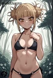 1girls ai_generated bags_under_eyes bangs bare_shoulders bikini black_bikini blonde_hair blunt_bangs blush boku_no_hero_academia breasts bush closed_mouth collarbone cowboy_shot double_bun female flower forest groin hair_bun hand_on_own_chest hand_up himiko_toga looking_at_viewer medium_breasts messy_hair my_hero_academia nature navel o-ring o-ring_bikini o-ring_top outdoors pikkiwynn short_hair side-tie_bikini_bottom sidelocks smile solo stomach swimsuit toga_himiko tree underboob yellow_eyes