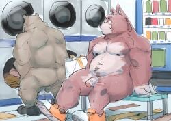 2024 anthro ass balls bear belly black_nose brown_body canid canine canis detailed_background domestic_dog duo genitals hi_res kemono male mammal nipples overweight overweight_male penis sitting ujishiyo