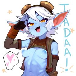 1girls alternate_skin_color blush female female_focus female_only gnael league_of_legends looking_at_viewer orange_eyes pointy_ears riot_games short_hair shortstack small_breasts solo solo_female solo_focus tristana weird white_hair yordle