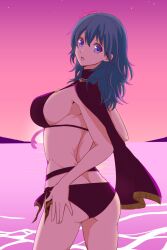 1girls alternate_costume ass bikini black_bikini black_swimsuit blue_eyes blue_hair byleth_(female)_(summer)_(fire_emblem) byleth_(fire_emblem) byleth_(fire_emblem)_(female) byleth_(summer)_(fire_emblem)_(female) female female_only fire_emblem fire_emblem:_three_houses nintendo official_alternate_costume shinomu_(si666is) sideboob solo swimsuit