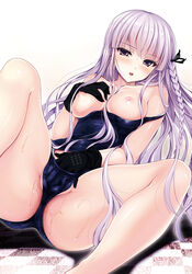 black_gloves blush braid breast_grab breasts checkered checkered_floor covering covering_crotch danganronpa female gloves hair_ribbon kirigiri_kyouko long_hair lying masturbation ninoko nipples one-piece_swimsuit open_mouth perspective purple_eyes ribbon school_swimsuit side_braid solo spread_legs straight_hair swimsuit wet white_hair