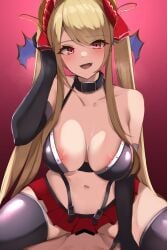 1boy :d bar_censor black_collar black_gloves black_thighhighs blonde_hair blush breasts censored collar collarbone commentary_request commission cowgirl_position demon_wings elbow_gloves female gloves hand_up haneramu head_wings highres kamihime_project large_breasts looking_at_viewer male miniskirt nipples red_eyes red_skirt satan_(kamihime_project) sex skeb_commission skirt smile straddling straight suspender_skirt suspenders thighhighs tongue twintails wings