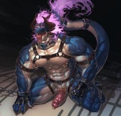 abs accessory adios55582544 animal_genitalia anthro belt biceps big_muscles blue_body bodily_fluids chained_cuffs chains clothing cock_ring collar cuff_(restraint) dragon fingerless_gloves foreskin genital_piercing genital_slit genitals gloves hand_on_ground handwear harness hi_res high-angle_view horn humanoid_genitalia humanoid_penis humanoid_penis_in_slit hypnosis hypnotic_visor jewelry kneeling leather leather_cuffs male mind_control multicolored_body muscular muscular_male mythological_creature mythological_scalie mythology nipple_piercing nipple_ring nipple_weights nipples pecs penis penis_accessory penis_jewelry penis_piercing piercing prince_albert_piercing prison quads restraints retracted_foreskin ring_piercing saliva saliva_on_tongue saliva_string scalie shackles solo tail tail_cuff tongue tongue_out two_tone_body vein veiny_penis white_body