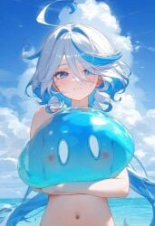 ahoge ai_generated blue_and_white_hair blue_eyes furina_(genshin_impact) genshin_impact hoyoverse hugging hydro_slime_(genshin_impact) looking_at_viewer looking_through mihoyo multicolored_hair naked naked_female nude nude_female sea slime slime_(genshin_impact) slime_monster small_breasts