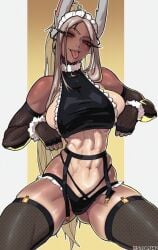 1girls 2d abs areolae belly belly_button big_breasts boku_no_hero_academia breasts bunny_ears bunny_girl clothed clothing collar costume dark-skinned_female dark_skin digital_drawing_(artwork) female female_focus female_only fur_collar long_hair looking_at_viewer mirko miruko mostly_nude my_hero_academia naked navel nipples nude nude_female rabbit rabbit_ears rumi_usagiyama shaved_pussy six_pack solo solo_female solo_focus stopu tagme tongue tongue_out white_hair