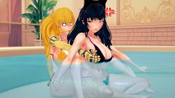 2girls bikini bikini_bottom bikini_top black_hair black_hair_female blake_belladonna blonde_female blonde_hair bow canon_couple multiple_girls ponytail robotic_arm rwby shocked_eyes stormstriker water yang_xiao_long yellow_eyes