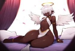 ai_generated alriel angel angel_wings bed bedroom black_femboy bulge dark-skinned_male dark_skin femboy hair_over_eyes mullon novelai original_character solo thick_thighs white_hair