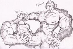 2boys balls bara bent_penis ephorox erect_nipples facial_hair fellatio furry greyscale hand_on_head holding_penis hyper hyper_balls hyper_penis interspecies large_ears looking_at_partner male male_only monochrome mouthful multiple_males muscles nude one_eye_closed oral penis round_ears scrotum sex shoker sketch testicles veiny_muscles