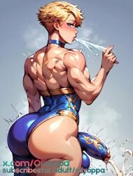 1boy 1femboy ai ai_generated back balls big_ass big_balls big_butt big_thighs blonde_hair blue_eyes choker clothed clothing erection femboy from_behind hung_trap hyper_balls krekk0v_(ai_style) muscular muscular_arms muscular_male orb orb_mage(oc) penis precum solo solo_femboy solo_male thick_ass thick_thighs tight_clothing trap yaoi