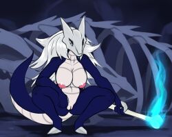 2019 alolan_form alolan_marowak anthro areola belly big_breasts big_tail blue_fire bone breasts colored_fire crouching detailed_background digital_media_(artwork) female fingers fire generation_7_pokemon genitals hair latiar long_tail looking_at_viewer marowak mask navel nintendo nipples pink_areola pink_nipples pokemon pokemon_(species) pokemorph pupils pussy regional_form_(pokemon) skeleton skull_mask solo spread_legs spreading tail thick_thighs white_hair white_sclera