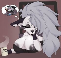 anthro big_breasts black_nipples breasts canid canid_demon canine demon dream english_text female foxgumie grey_hair hair hellhound helluva_boss hi_res loona_(helluva_boss) mammal mythological_canine mythological_creature mythology nipples sleeping solo text white_body