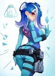 1girls ass back_view belt blue_hair bodysuit breasts cosplay gun image little_blood looking_at_viewer looking_back metroid nintendo red_eyes samus_aran_(cosplay) shiver_(splatoon) sideboob skin_tight solo splatoon splatoon_3 straps tentacle tentacle_hair tight_clothing weapon zero_suit zero_suit_samus_(cosplay)