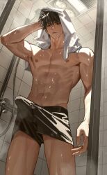 1boy abs bathroom big_penis bulge color looking_down low-angle_view male muscles muscular muscular_male penis rentigj rukawa_kaede showering slam_dunk solo solo_focus underwear