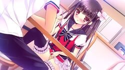 black_hair blush game_cg long_hair mashita_touma masturbation onomatope* pussy_juice seifuku shiratama thighhighs zutto_sukishite_takusan_sukishite