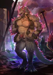 abs adios55582544 anthro big_muscles black_body black_eyes canid canine canis chest_tuft domestic_dog dragon duo front_view hair hand_on_leg hand_on_thigh hi_res male male/male mammal multicolored_body muscular muscular_male mythological_creature mythological_scalie mythology nipples open_mouth pecs reverse_stand_and_carry_position scalie sex smile smirk standing standing_sex straining street tuft two_tone_body white_body white_hair yellow_eyes