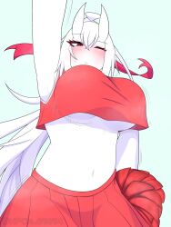 armpits big_breasts blush breasts cheerleader exposed_stomach haku_(nfch_05054) horns navel nfch_05054 red_outfit underboob white_body white_hair