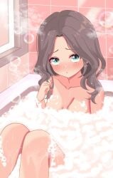 alternate_hairstyle bathing bathtub bubbles dot_mouth hair_down hand_on_hair hololive medium_breasts mitsuboshi_nuko natsuiro_matsuri virtual_youtuber wavy_hair